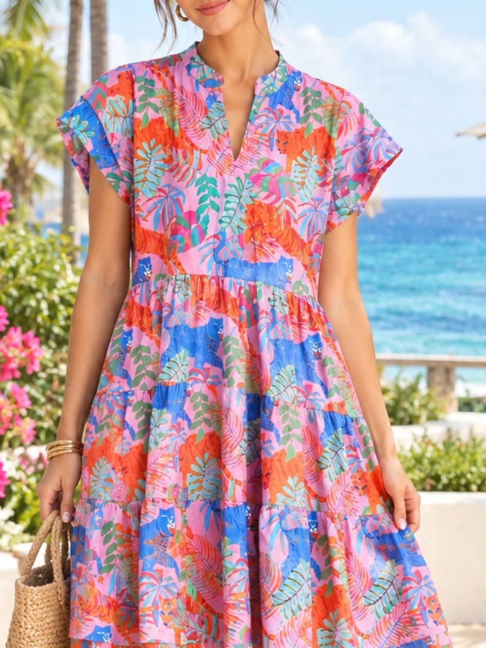 Marigold by Victoria Dunn Tropical Animal Tiger Print Flutter Tiered Dress M